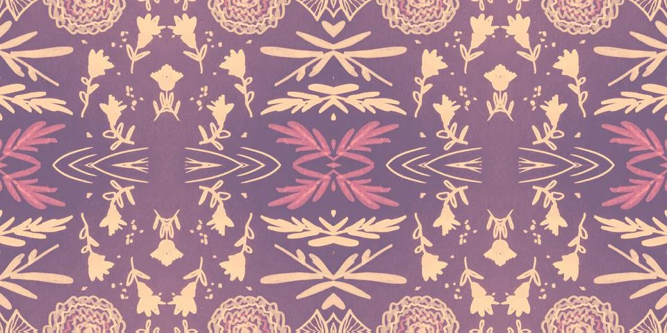 Seamless flower folk pattern. Abstract ethnic print. Watercolor batik background Illustrazione stock