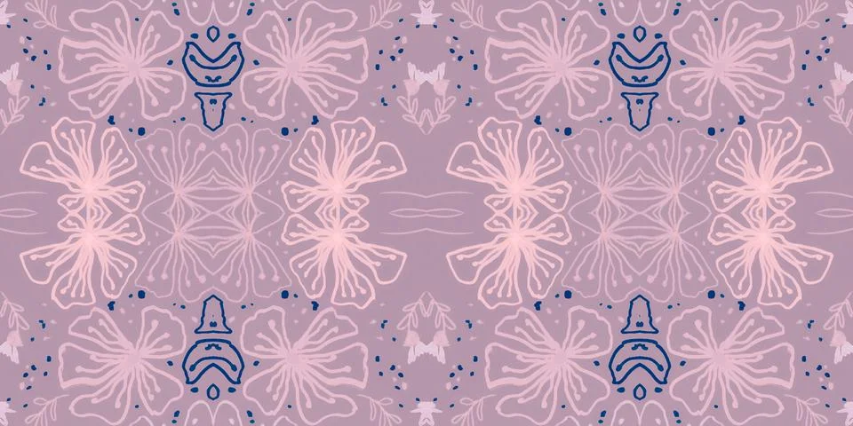 Seamless flower folk pattern. Abstract ethnic print. Watercolor batik background Illustrazione stock