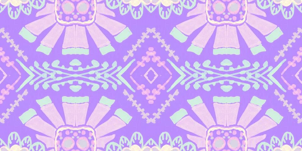 Seamless flower folk pattern. Abstract ethnic print. Watercolor batik background Illustrazione stock