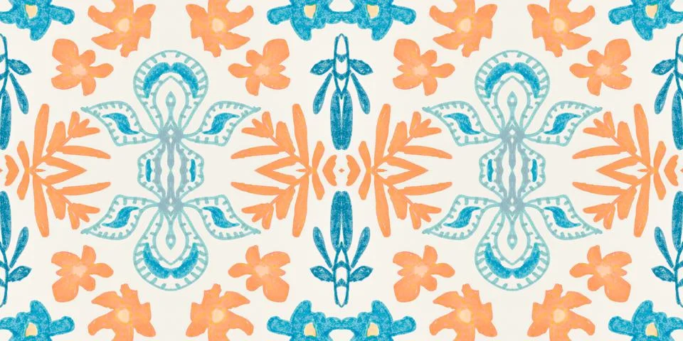 Seamless flower folk pattern. Abstract ethnic print. Watercolor batik background Illustrazione stock