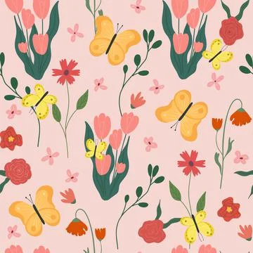 Seamless flower pattern. Bright floral background with blossoms and blooms print Stock Illustration