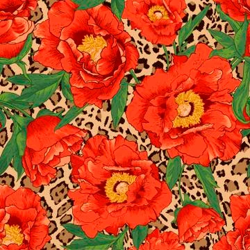 Seamless flower pattern on leopard background Stock Illustration