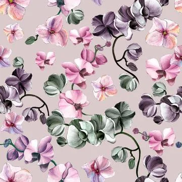 Seamless flower pattern with orchids and hydrangeas on a beige background. Ilustración de archivo