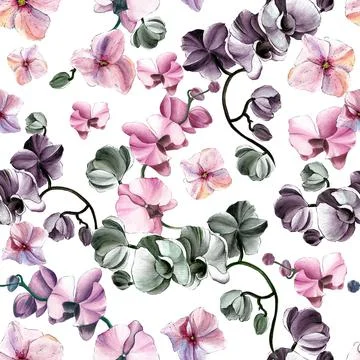 Seamless flower pattern with orchids and hydrangeas on a white background. Ilustración de archivo