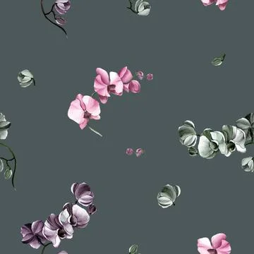Seamless flower pattern with orchids on a gray background. Ilustración de archivo