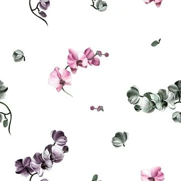 Seamless flower pattern with orchids on a white background. Ilustración de archivo