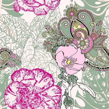 Seamless flower pattern, realistic floral sketch drawing Illustrazione stock