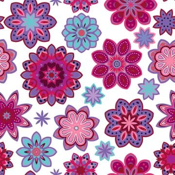 Seamless flower retro pattern in vector. Purple flowers on white background Illustrazione stock