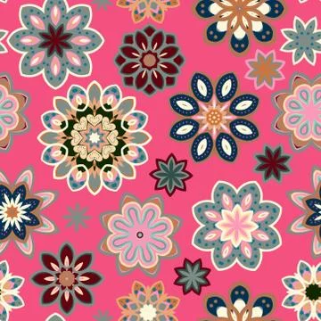 Seamless flower retro pattern in vector. Blue gray flowers on pink background Illustrazione stock