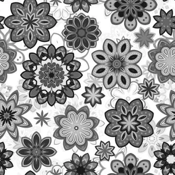 Seamless flower retro pattern in vector. Gray flowers on white background 스톡 일러스트