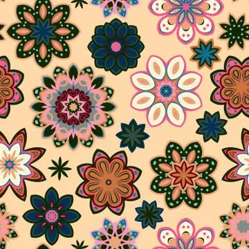 Seamless flower retro pattern in vector. Green pink flowers on beige background 스톡 일러스트