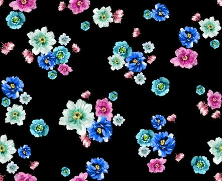 Seamless flowers design pattern on black background ready for textile prints. Stock Illustration