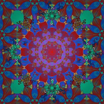 Seamless flowers pattern. In asian textile style on green, red and blue colors. Stock Illustration