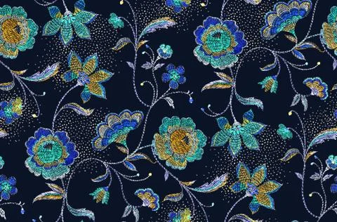 Seamless flowers pattern with black blue background.. for textile, wallpaper, pa Stock Illustration