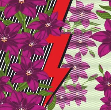 Seamless flowers pattern with geometric background. - vector 스톡 일러스트