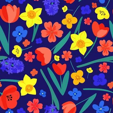 Seamless flowers pattern vector design with hyacinths tulips daffodils brig.. Stock Illustration