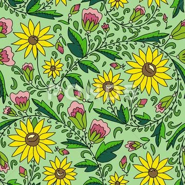 Seamless With Flowers, Sunflower, Leaves, Buds