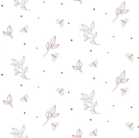 Seamless foliage and moths pattern with tiny small leaves on white. Stock Illustration