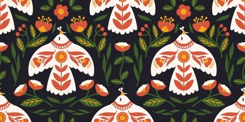 Seamless Folk Art Pattern with Stylized Birds and Floral Motifs in Traditiona Stock Illustration