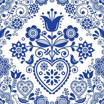 Seamless folk art vector pattern with birds and flowers, Scandinavian or Nordic イラスト素材