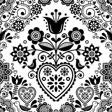 Seamless folk art vector pattern with birds and flowers, Scandinavian Stock Illustration