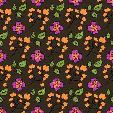 Seamless folk floral pattern with orange and magenta flowers Stock Illustration