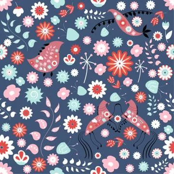 Seamless folk pattern with flowers and animals, vector illustration Stock Illustration