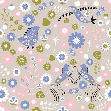 Seamless folk pattern with flowers and animals, vector illustration Stock Illustration