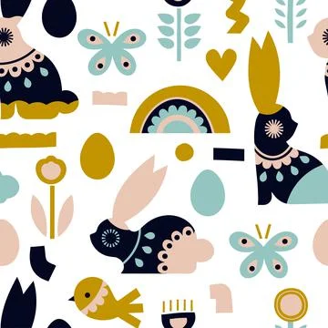 Seamless folk pattern with rabbits Stock Illustration