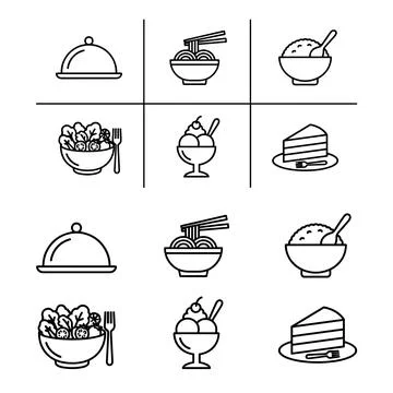Seamless food icon pattern with cloche, noodle bowl, rice, salad, ice cream.. Stock Illustration