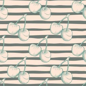 Seamless food pattern with cherry berries silhouette. Background with black s 스톡 일러스트