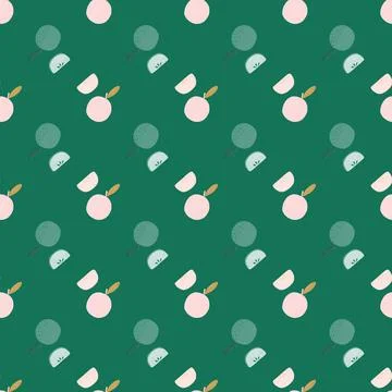 Seamless food pattern with hand drawn simple apple silhouettes. Green backgro Stock Illustration