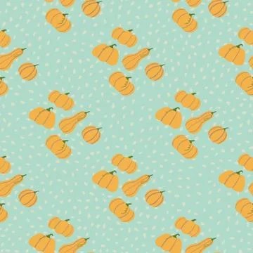 Seamless food pattern with orange pumpkin doodle ornament. Soft blue backgrou Stock Illustration