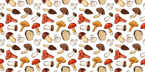 Seamless forest mushroom pattern in Cartoon style. Hand drawn nature fungi Stock Illustration
