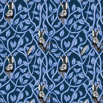 Seamless forest pattern with adorable hare in leaves elements in art nouveau and Stock Illustration
