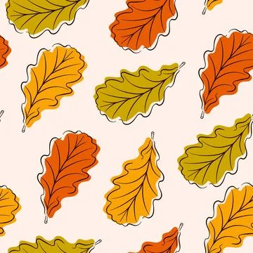Seamless forest pattern with autumn oak leaves in line art, flat style. Vector Illustrazione stock