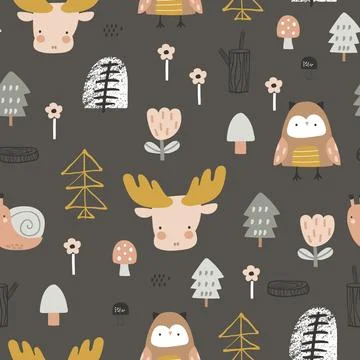 Seamless forest pattern with bear, moose, owl, snail and forest elements. Stock Illustration