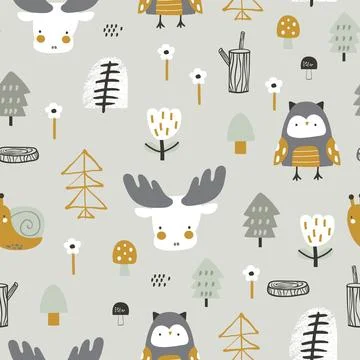 Seamless forest pattern with bear, moose, owl, snail and forest elements. Stock Illustration
