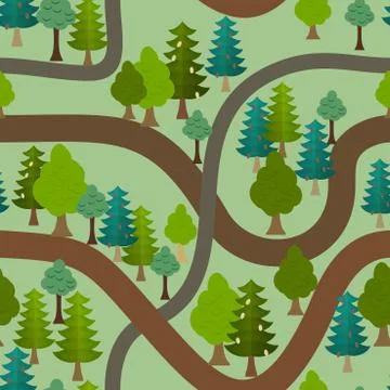 Seamless forest pattern. Cartoon trails and trees background Illustrazione stock
