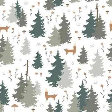 Seamless Forest pattern with cute foxes. Cartoon trees and flowers hand drawn Stock Illustration