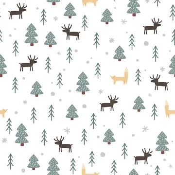 Seamless Forest pattern with cute foxes and deer. Cartoon trees and flowers hand Stock Illustration