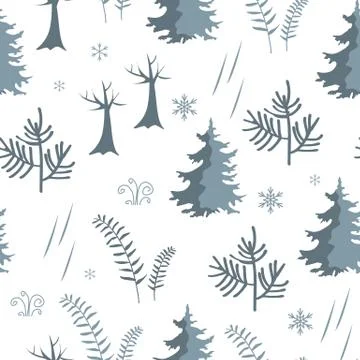 Seamless forest pattern. Fir trees and herbs winter background. Stock Illustration