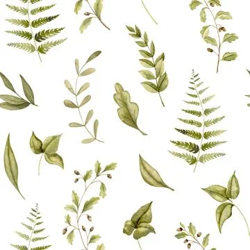 Seamless Forest Pattern with green plants. Watercolor woodland background with Stock Illustration