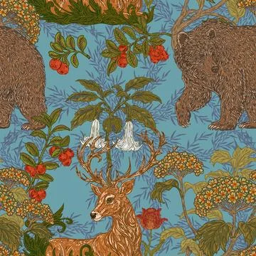 Seamless forest pattern. a hand-drawn botanical illustration featuring a bear Stock Illustration