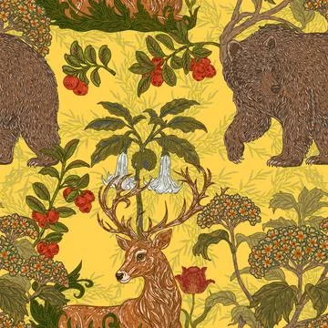 Seamless forest pattern. a hand-drawn botanical illustration featuring a bear Stock Illustration