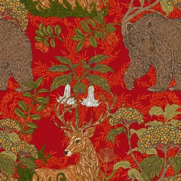 Seamless forest pattern. a hand-drawn botanical illustration featuring a bear Stock Illustration