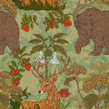 Seamless forest pattern. a hand-drawn botanical illustration featuring a bear Stock Illustration