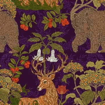 Seamless forest pattern. a hand-drawn botanical illustration featuring a bear Stock Illustration