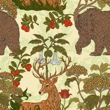 Seamless forest pattern. a hand-drawn botanical illustration featuring a bear Stock Illustration