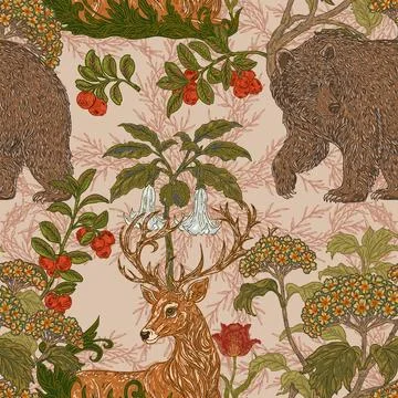 Seamless forest pattern. a hand-drawn botanical illustration featuring a bear Stock Illustration